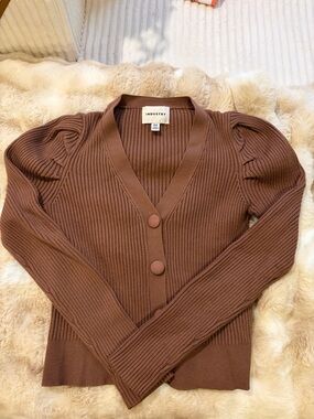 INDUSTRY Brown Ribbed Puff-Sleeve Cardigan size medium